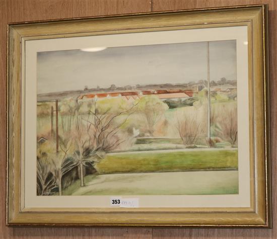 Bernard Meninsky, pencil and watercolour, trees and roof tops in a landscape, signed, 38 x 55cm